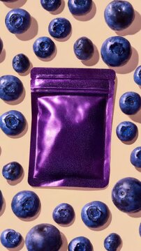 Purple blank foil zipper pouch with fresh blueberries