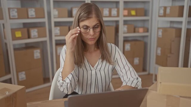 Woman rubbing her tired eyes while holding glasses beside a brown parcel box inside a building; fatigue.