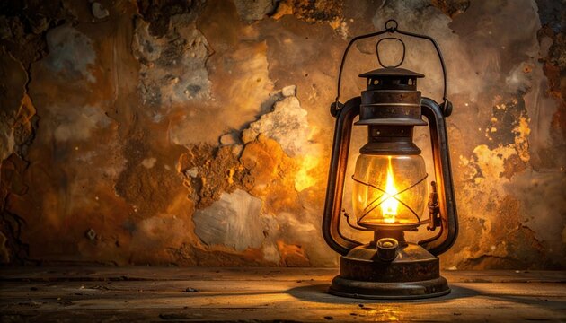 A beautifully aged oil lantern casts a warm, inviting glow on a textured, rustic wall, evoking a sense of timeless history and cozy ambiance
