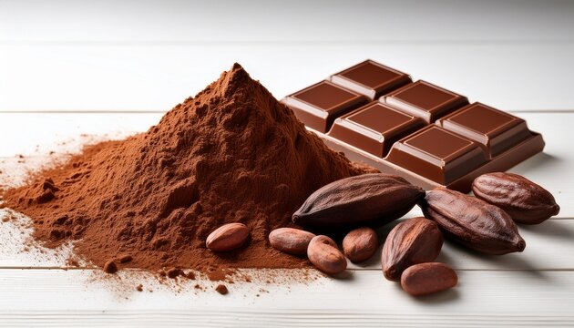 cocoa powder alongside a shattered chocolate bar and cocoa beans on a white wooden surface fiber dense choice