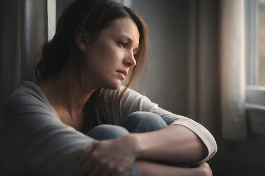 Portrait of a thoughtful young woman sitting alone by the window, conceptual image for mental health, loneliness, and reflection.