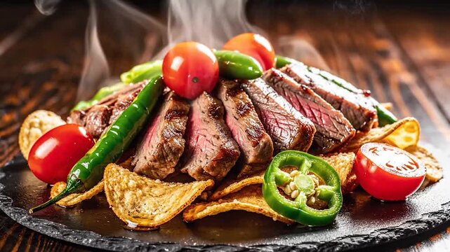 Steaming grilled steak slices served with fresh vegetables and crispy chips.