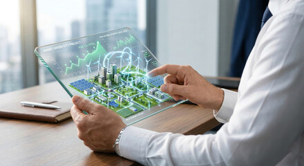 Businessman holding digital tablet with smart city project including wind turbines solar panels and growth data charts