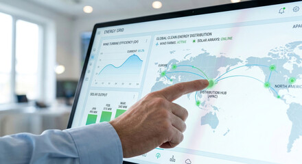 Energy sector professional interacting with global clean energy distribution map on interactive monitor