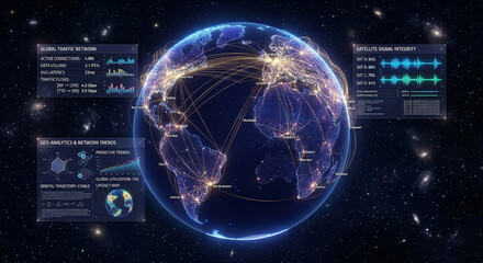 Global network of digital connections glowing on planet earth with futuristic data dashboards showing advanced connectivity and information