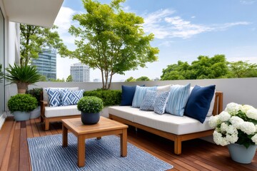 Fototapeta premium Modern rooftop terrace with outdoor wooden furniture and city view