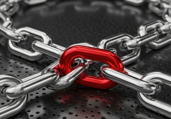 Fototapeta premium Brightly colored metal link stands out within a circular assembly of silver colored chains