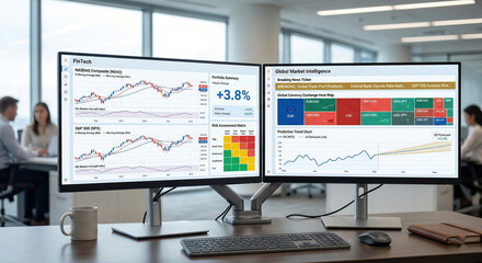 Modern office workspace with dual monitors displaying financial market intelligence and portfolio summary data