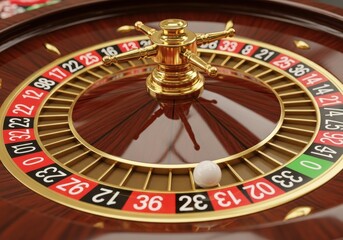 High angle close up of a spinning wheel with numbered pockets used in a popular table game