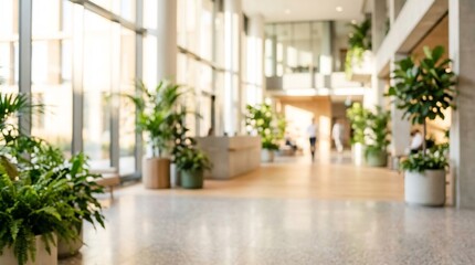 Fototapeta premium Bright, modern office lobby features large windows and abundant potted greenery creating a welcoming atmosphere.