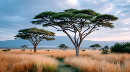 Obraz premium African savanna landscape featuring acacia trees and golden grass