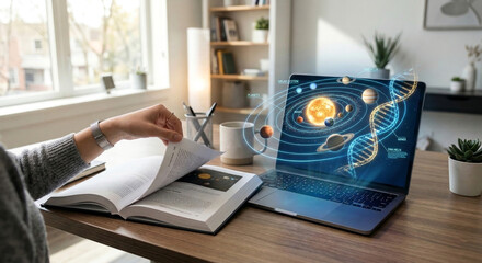 Student studying with holographic educational display on laptop showing solar system planets and dna helix structure