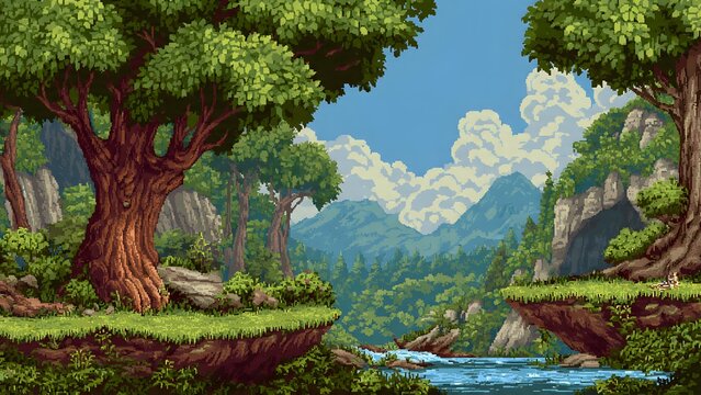 Side scrolling retro pixel art adventure game scene, 16-bit style platformer world, lush green forest with layered trees, rocky cliffs with grass platforms