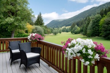 Fototapeta premium Balcony with chairs, flowers, mountains, and green meadow