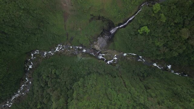 Top down aerial above Quebrada Gata waterfall on Rio Toro in Costa Rica