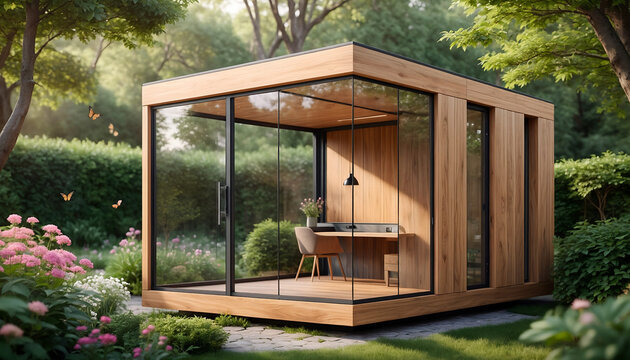 Modern Backyard Office Pod with Glass Walls Amidst Lush Garden.
