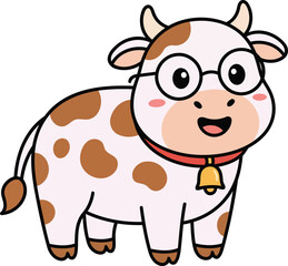 Obraz premium Cute Spotted Cow with Glasses Cartoon Farm Animal Vector Illustration.