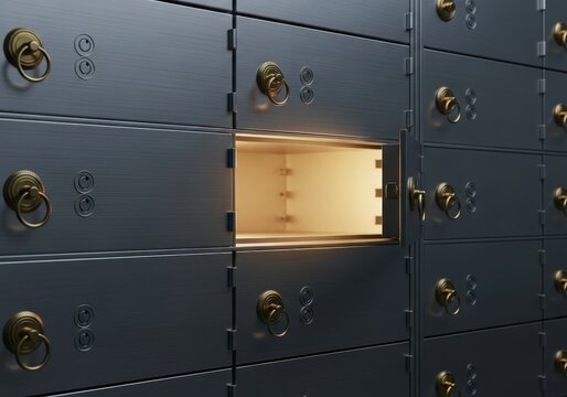 Array of metallic security deposit boxes shows one compartment illuminated with warm internal light