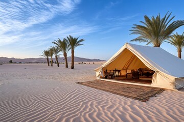 Luxury glamping tent in Sahara desert with palm trees