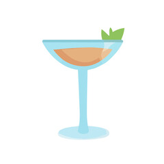 A cocktail glass, with orange liquid and a green leaf, stands against a white background