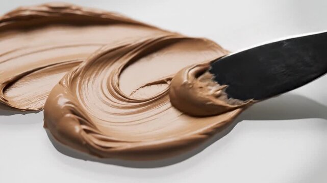 A l spatula spreads a rich, creamy brown substance on a clean white background