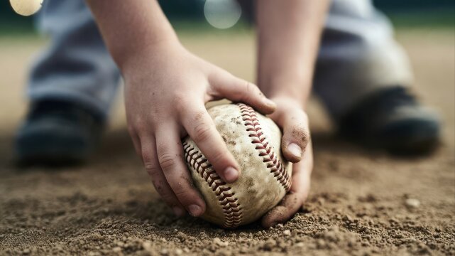 Child Hands Holding Dirty Baseball On Ground