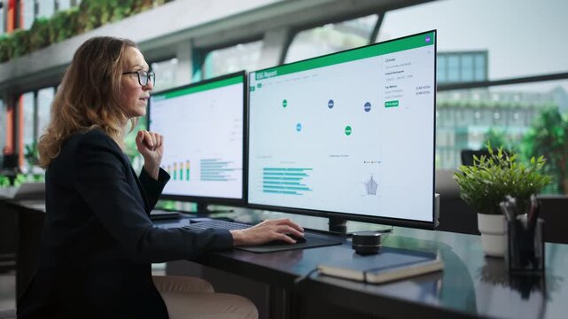 Environmental Lawyer Woman Reviewing ESG Report Dashboard