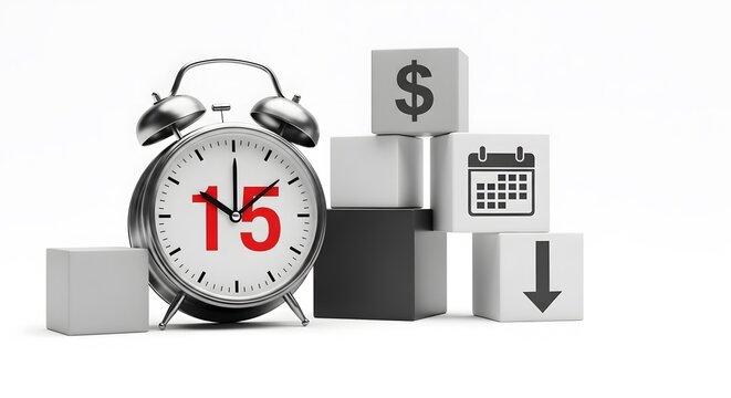Fifteen Days Left: Financial Deadline Concept with Clock, Calendar, and Money Symbols