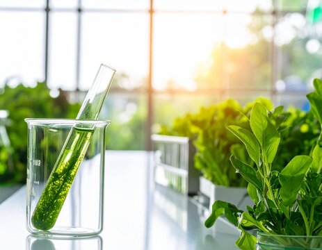 science technology research of green alga biofuel in laboratory, biotechnology industry with alternative natural experiment, biodiesel oil fuel energy from plant to sustainable environment 