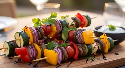 Fototapeta premium Colorful Vegetable Skewers on a Wooden Board with Dip