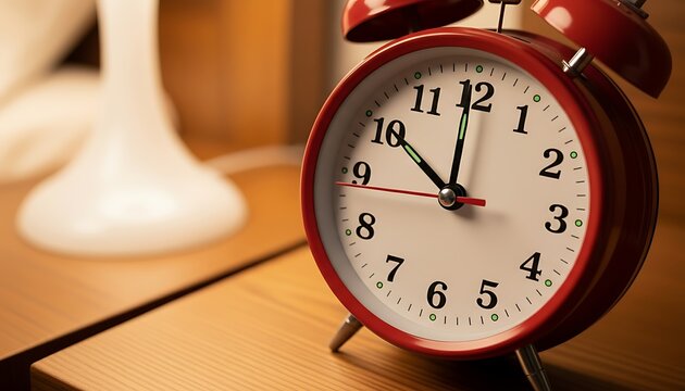 Red alarm clock showing 3am on wooden table