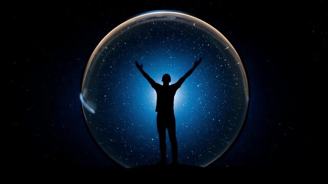Celebration beneath luminous starry sky, standing proud surrounded by celestial light and shining stars, individual in ethereal blue glow celebrates achievement amidst infinite cosmic possibilities