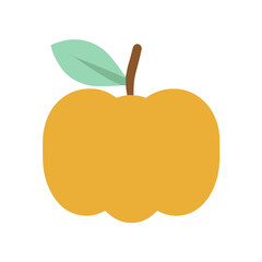 Simple illustration of a stylized fruit with a leaf and stem on a white background