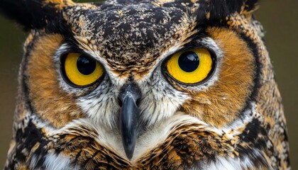 Obraz premium A striking portrait of a wise great horned eagle owl captures the intense yellow eyes and brown feathers of this wild predator in nature
