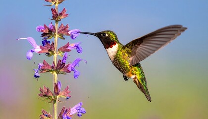 Fototapeta premium Small ruby-throated hummingbird with vibrant green feathers hovering in flight to feed on nectar from a flower using its long beak