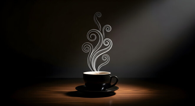 Secangkir kopi hitam panas dengan uap asap artistik melingkar elegan di atas meja kayu gelap