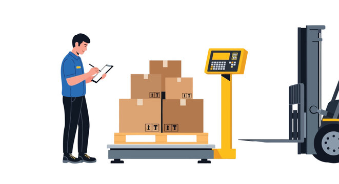 Warehouse inventory worker checking cargo weight scale vector