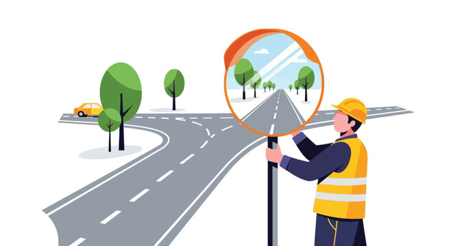 Road inspection worker checking traffic safety mirror vector