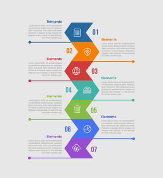 7 elements infographic comparison diagram with zigzag wave on vertical stacked list with long line divider with dot line style 7 step for slide presentation