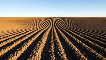 Sunlit Farmland Field with Parallel Plowed Ridges Under Clear Sky.