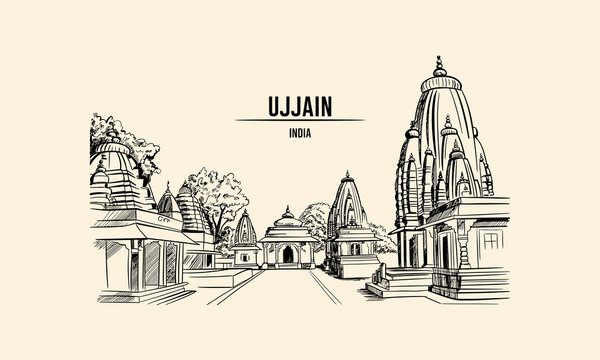 Ujjain India temple complex sketch with trees and sky Keywords: Ujjain, India, temple