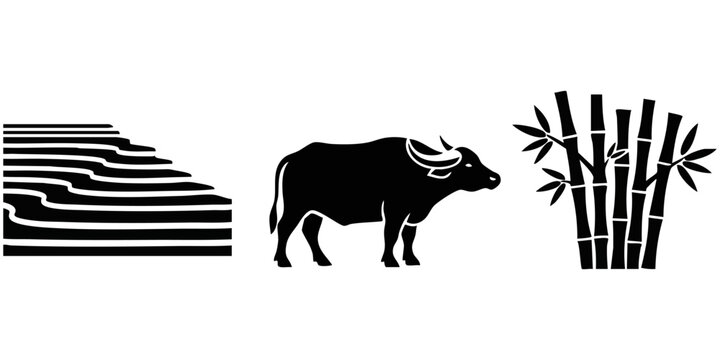 Southeast Asian Nature Silhouette Set: Rice Terrace, Water Buffalo, and Bamboo Icons