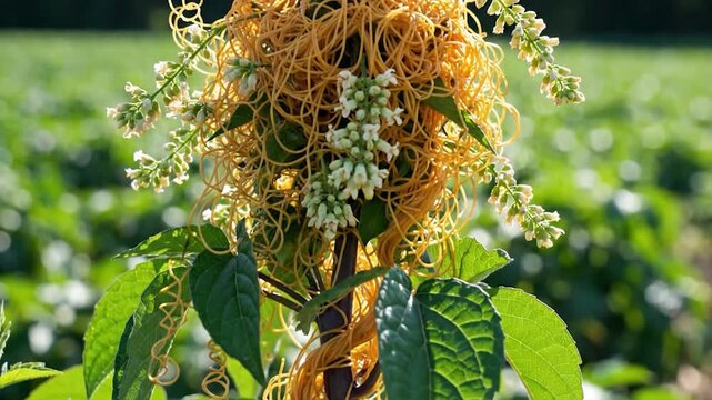 Close-up of a host plant stem entangled by vibrant yellow parasitic vines