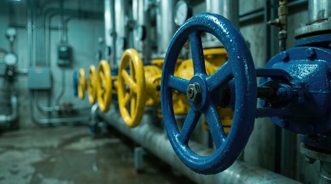Industrial scene featuring multiple gate valves with blue and yellow wheels, pipes, and gauges in a dimly lit environment showcasing mechanical infrastructure and operational components