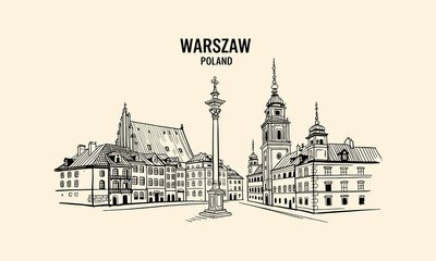 Obraz premium Warsaw Poland Old Town Market Square sketch with column and church Keywords: Warsaw, Poland, Old