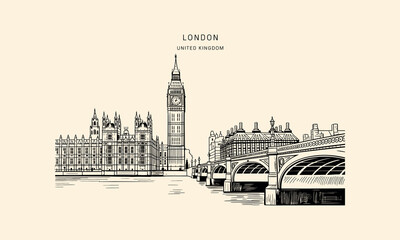 London skyline with Big Ben and Westminster Bridge sketch Keywords: London, United Kingdom, Big
