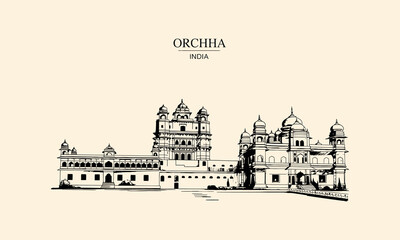 Fototapeta premium Orchha India palace complex sketch with domes and towers Keywords: Orchha, India, palace
