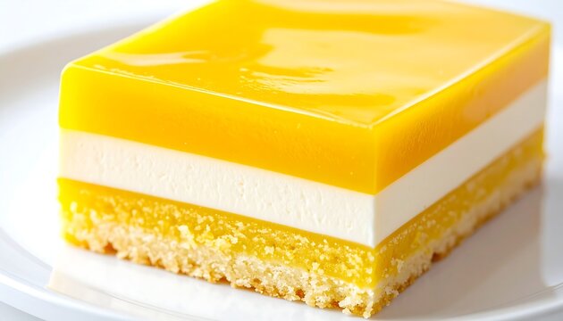Square cake slice, featuring layered yellow gelatin, cream, & crust, resting on white plate