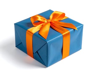 Obraz premium Square blue present wrapped with bright orange ribbon and bow, casting a soft shadow on a white background