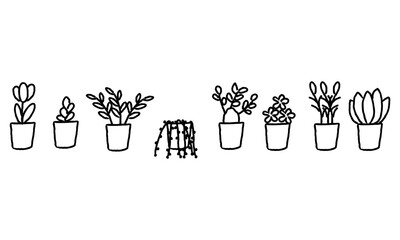 手書きのシンプルな観葉植物の鉢植えセット